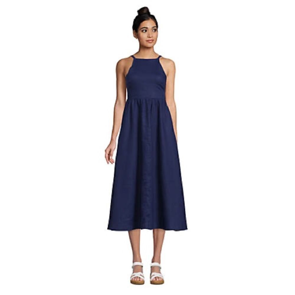 Land’s End Dress Pockets Linen halter smocked high neck adjustable midi navy Var - Picture 3 of 5